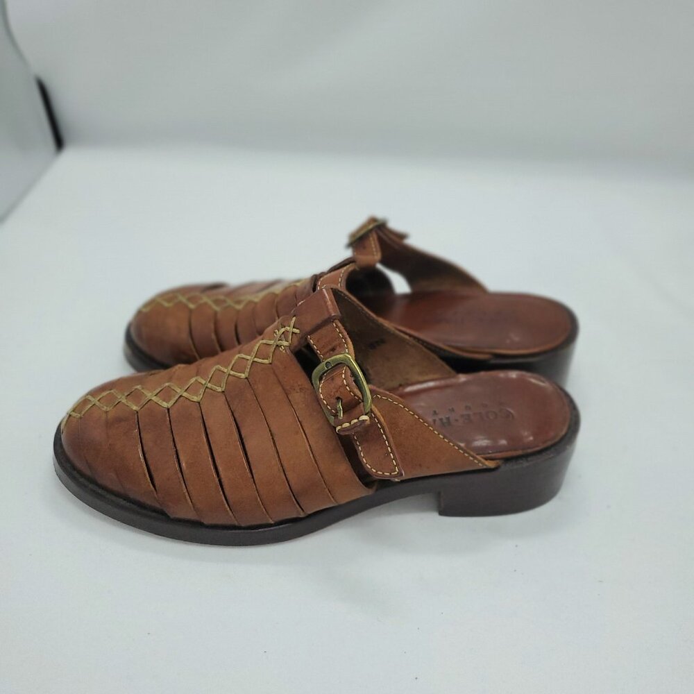 Cole Haan AA Block Heel Brown Leather Woven Mules Women Size 8N